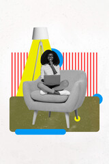 Sketch design trend poster photo collage of job freelancer work indoors office career young woman...