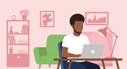 A man works remotely on his laptop in a cozy home office, surrounded by books and art, demonstrating modern work-life balance.