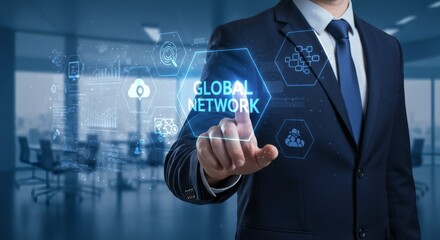 Professional Man Tapping Glowing Global Network Interface in Blue Office