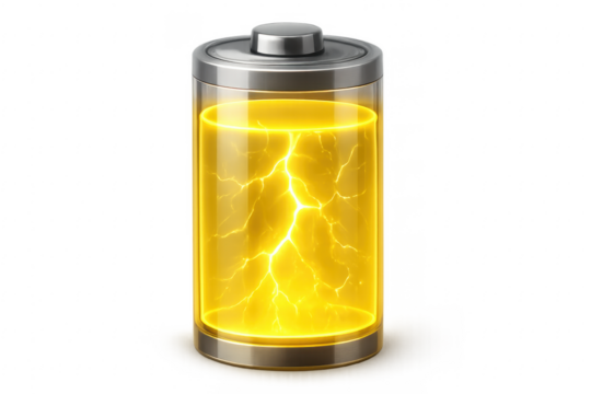 Glass Battery Full of Energy with Lightning on Transparent Background