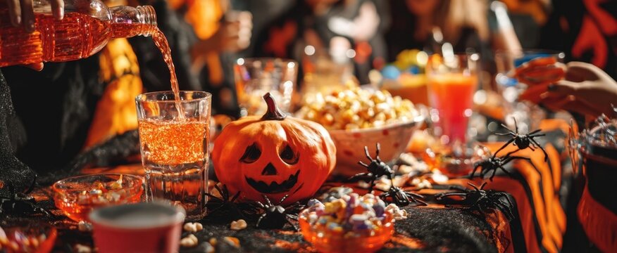 The vibrant Halloween party table featuring a cheerful pumpkin and festive drinks.