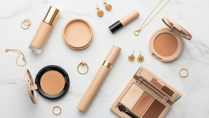Overhead shot of various makeup products and gold jewelry on a white surface
