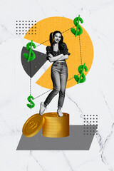 Sketch design trend artwork poster 3D photo collage of young lady stand stack coins dollars diagram...
