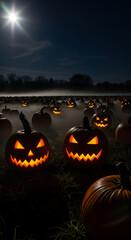 A pumpkin patch at night, with mist crawling along the ground and moonlight illuminating the silhouettes of the pumpkins. Some pumpkins appear to have sinister expressions due to natural shadows, even