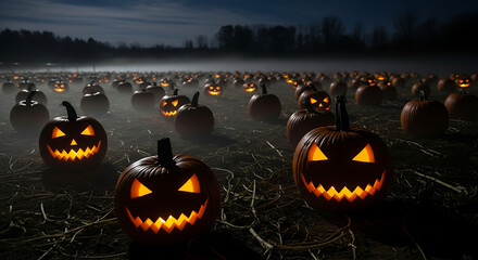 A pumpkin patch at night, with mist crawling along the ground and moonlight illuminating the silhouettes of the pumpkins. Some pumpkins appear to have sinister expressions due to natural shadows, even