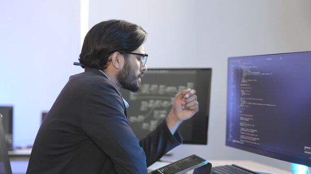 Indian male software architect developing a neural network framework. Focused programmer writing optimized code for a deep learning algorithm at a multi-display workstation.
