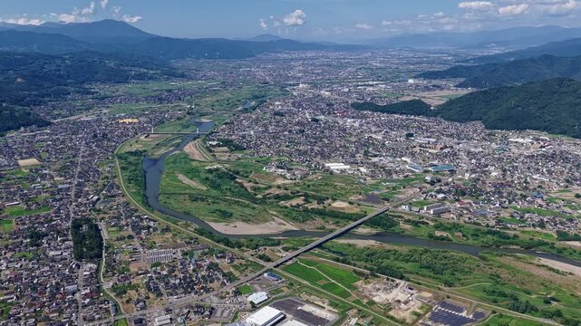 Aerial View of Chikuma City and Chikuma River, Nagano Prefecture, Japan