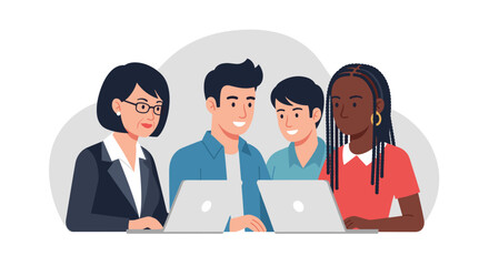 Diverse group of people collaborating and working together on laptops, representing teamwork and modern office environment.