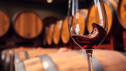 Close-up of swirling red port wine in crystal glass, reflections of wooden wine barrels in background, cinematic depth of field, rich warm tones