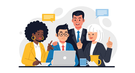 A diverse team of professionals collaborates around a laptop, brainstorming ideas and sharing insights in a modern office setting, fostering teamwork and communication.