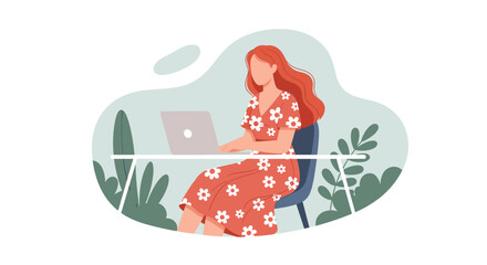 A red-haired woman in a floral dress works diligently on her laptop at a desk, surrounded by calming green plants in a serene home office illustration.