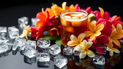Close-up of Teh Botol surrounded by fresh jasmine flowers and ice cubes on a reflective black surface, studio lighting setup, product shot style