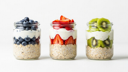 Three jars filled with oats yogurt and topped with blueberries strawberries kiwi