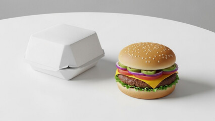 A burger with toppings next to a white cardboard box on a white surface top