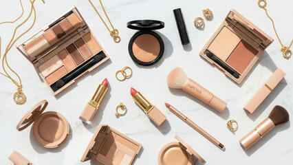 Overhead shot of various makeup products and gold jewelry on a white surface