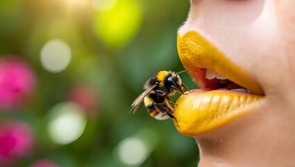 A fuzzy bumblebee delicately sips nectar from bright yellow lips against a soft green bokeh background