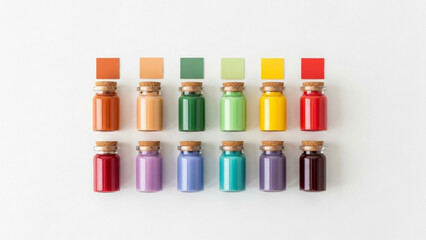 Colorful paint bottles arranged in rows with matching color swatches above them