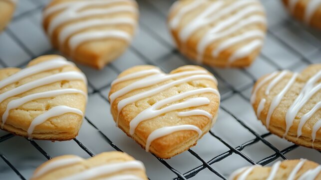 Bright heart shaped biscuits with icing drizzled on top