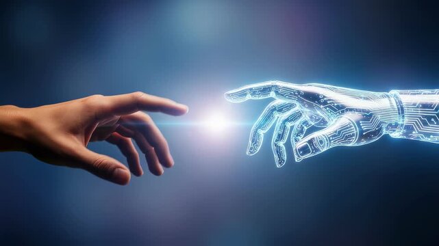 Robotic and human hands connecting through glowing digital interface, symbolizing technological innovation and future interaction between artificial intelligence and human communication
