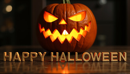 Scary jack o lantern pumpkin with happy halloween text in the dark