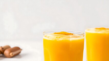 Close-up of vibrant yellow-orange Kunir Asam drink in a glass with turmeric foam on top, minimalistic white background