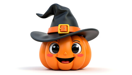 Cute cartoon pumpkin wearing a witch hat with a happy expression