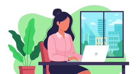 An elegant businesswoman focuses on her computer, performing office tasks in a modern workspace overlooking a vibrant urban landscape.