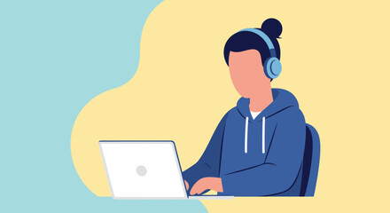A young person wearing headphones is sitting at a desk and working on their laptop computer, shown in a minimalist illustration style.