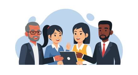 A diverse group of business professionals collaborates around a laptop, discussing ideas and strategies in a modern, illustrated style with a light blue background.