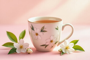 Fototapeta premium A white porcelain cup filled with amber tea sits on a blush pink surface, adorned with floral patterns and surrounded by delicate jasmine blossoms.