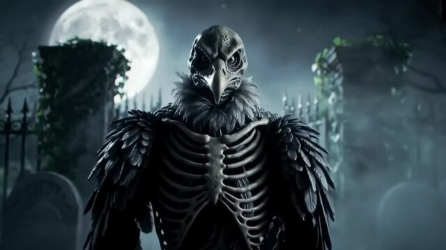 Skeletal bird creature in graveyard, moonlit night, Halloween