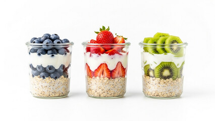 Three jars filled with oats yogurt and topped with blueberries strawberries kiwi