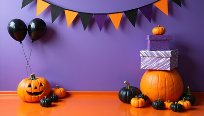 Festive halloween scene with pumpkins balloons and decorations on purple wall