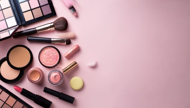 makeup products on pink background flat lay top view vertical