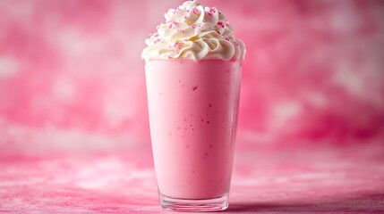 Bright pink bubblegum milkshake with swirl of whipped cream at a kidsa?? fair
