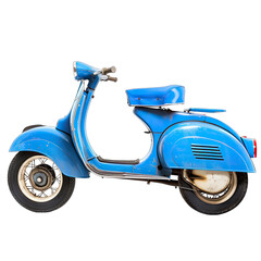 A weathered light-blue vintage scooter, showing signs of age and wear, is presented in profile against a black background.  Its classic design is evident in the curved body and small wheels