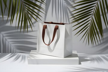 A Cardboard Shopping Bag Packaging Mockup on White Minimal Palm Background