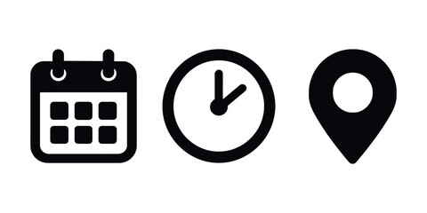 Event management and scheduling icon set featuring calendar, clock, and location pin symbols in modern flat vector style. Perfect for GPS services, digital calendars, business scheduling etc
