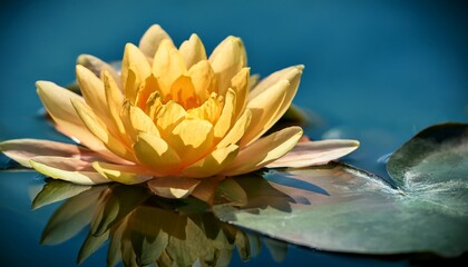 beautiful yellow water lily blooming on calm pond surface