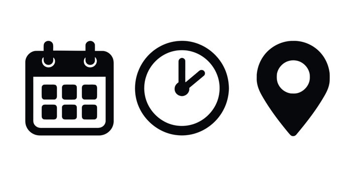 Event management and scheduling icon set featuring calendar, clock, and location pin symbols in modern flat vector style. Perfect for GPS services, digital calendars, business scheduling etc