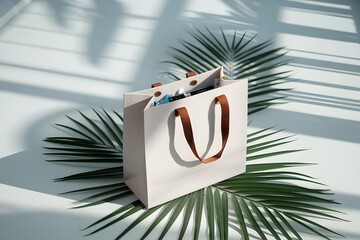 A Cardboard Shopping Bag Packaging Mockup on White Minimal Palm Background