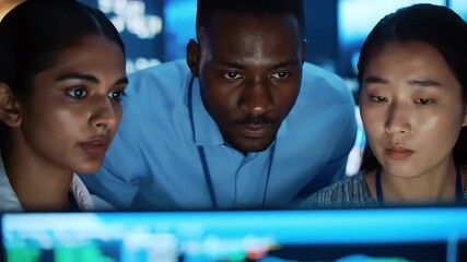 Diverse team analyzing data on computer screen in control room at night - Powered by Adobe