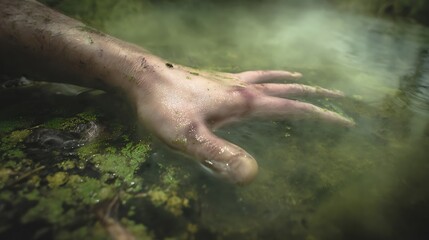 A hand submerged in murky water.