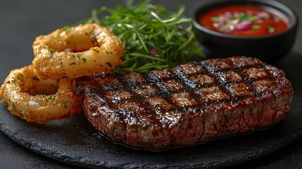Fototapeta premium Charred grilled steak with crispy onion rings and dipping sauce