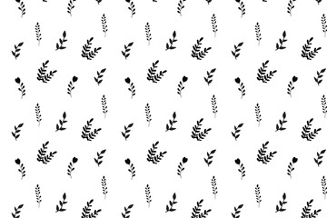 Scatter seamless pattern with various types of leaves in black color on a transparent background. Botanical repeat background for wrapping or textile