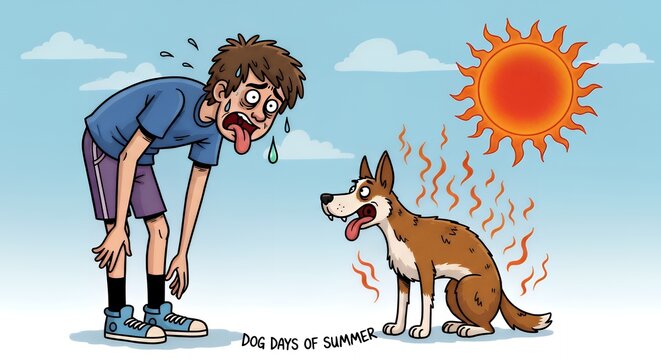 Cartoon Illustration of Sweaty Person and Panting Dog Under Blazing Sun with “Dog Days of Summer” Text — Humorous Seasonal Concept Depicting Extreme Heat, Summer Fatigue, and Pet Care Awareness
