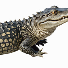 Fototapeta premium Alligator in the spotlight: A striking close-up captures the fierce gaze and formidable presence of an alligator, showcasing its textured scales, powerful jaws, and primal beauty. 