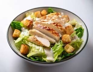 savoring a delicious chicken caesar salad in a bowl with crisp lettuce flavorful grilled chicken crunchy croutons and creamy dressing on a bright white background