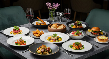 Lavish dining table with colorful gourmet dishes beautifully plated in an elegant restaurant setting – appetizing and refined food photography perfect for luxury dining, hospitality, and culinary them