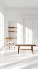 Light-filled room with simple wooden furniture.